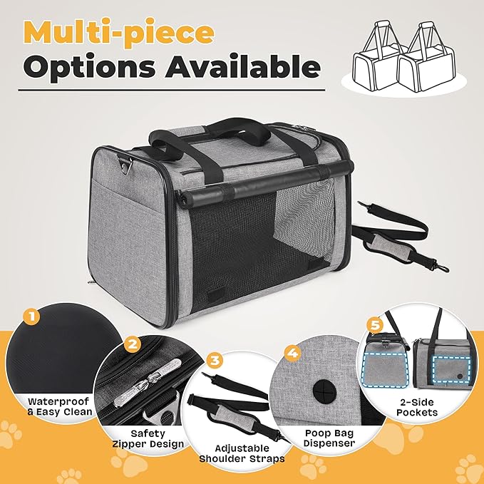 YUDODO 25 lbs Lightproof Soft Sided Large Cat Carrier for Small Dog Pet Airline Approved Travel Bag Puppy Carriers with Side Pockets & Reflective Mesh, Foldable Portable for Outdoor Car Grey