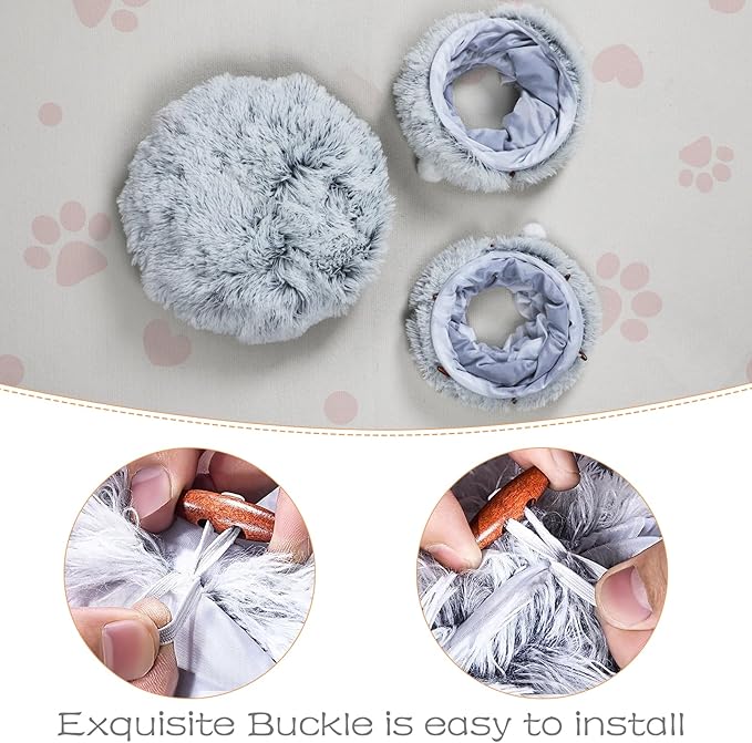 Plush Cat Tunnel Bed for Indoor Cats, Collapsible Cat Donut Tunnel with Central Mat, Fluffy Cats Cave Tube with Hanging Ball for Kitten Rabbit Puppy Ferret