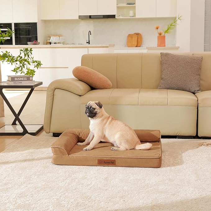 Orthopedic Dog Bed Medium Size Dog, Memory Foam Pet Bed for Small and Medium Dogs, Removable and Washable Microsuede Cover, TPU Waterproof Liner, Nonskid Bottom, 35x23x6 Inches, Khaki