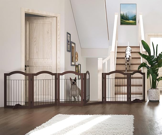 Vantas Folding No-Assembly Dog Door Pet Gate 144" Wide, 30" Tall Wooden Dog Gate with Door Walk Through, Freestanding Wire Pet Gate, Pet Puppy Safety Fence, with 2PCS Support – Espresso