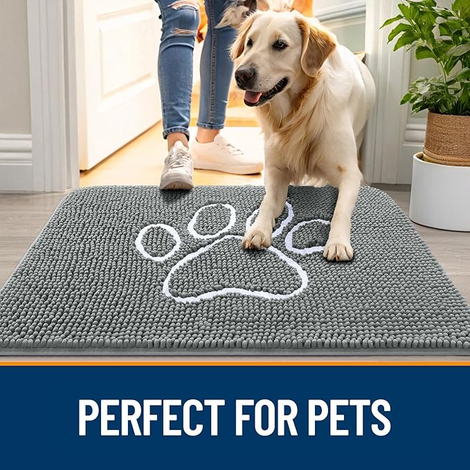OLANLY Dog Door Mat for Muddy Paws 30x20, Paw Print Design, Absorbs Moisture and Dirt, Absorbent Non-Slip Washable Doormat, Quick Dry Chenille Mud Mat, Entry Indoor Entryway Carpet, Grey and White