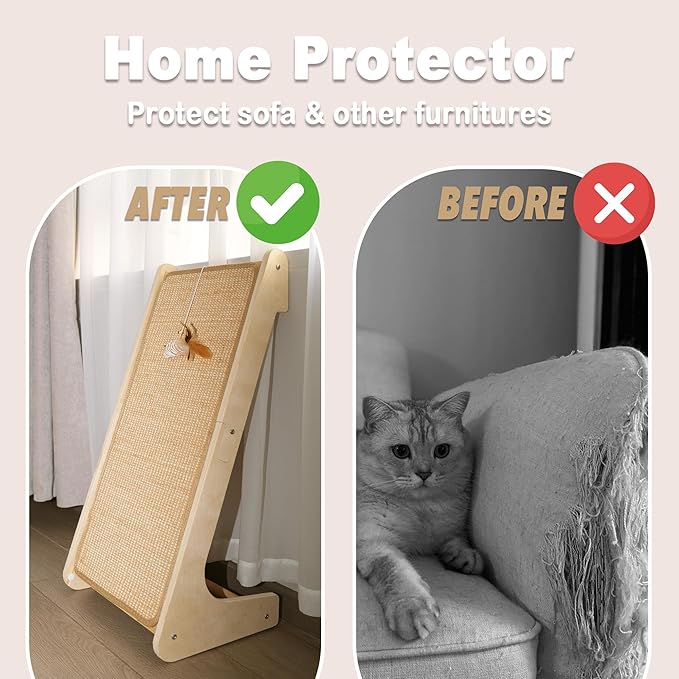 Meeyoview L Shape Cat Scratcher Ramp, 27'' Sisal Scratching Post, Vertical Cat Scratcher for Indoor Cats, Solid Wooden Scratch Board, Furniture Protector with Catnip