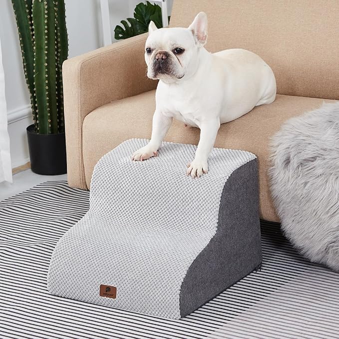 Pettycare Dog Stairs Ramp for High Beds and Couch,Curved Dog Steps for Small Pets, Pet Stairs Non-Slip Balanced Portable Puppy Ramp Indoor, 2 Steps,Grey