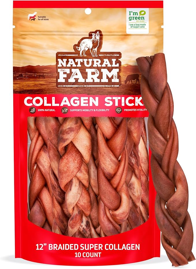 Natural Farm Odor-Free Super Braided Collagen Dog Chews (12-Inch, 10-Pack) First Ever Real Bull Sticks Alternative: 100% Natural Angus Hide Collagen Treats - More Protein More Chew Time for All Dogs