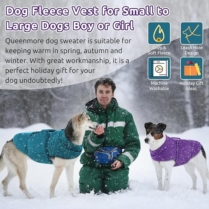 Queenmore XL Dog Sweaters, Soft Fleece Vest Pullover Dog Jacket with Leash Hole, Warm Winter Dog Clothes Cold Weather Doggy Dachshund Sweater for Large Dogs Cats Boy or Girl (Peacock-Blue, XL)