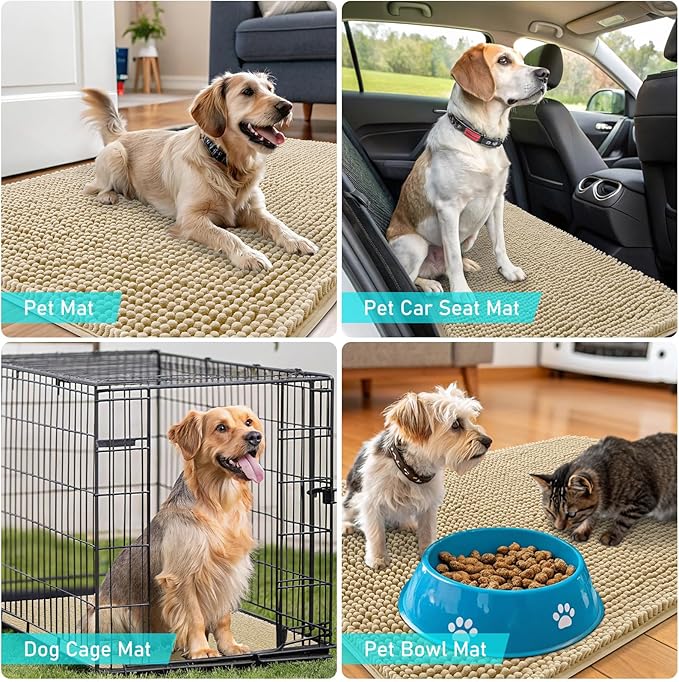 OLANLY Dog Door Mat for Muddy Paws 59x24, Absorbs Moisture and Dirt, Absorbent Non-Slip Washable Doormat, Quick Dry Chenille Mud Mat for Dogs, Entry Indoor Entryway Carpet for Inside Floor, Beige