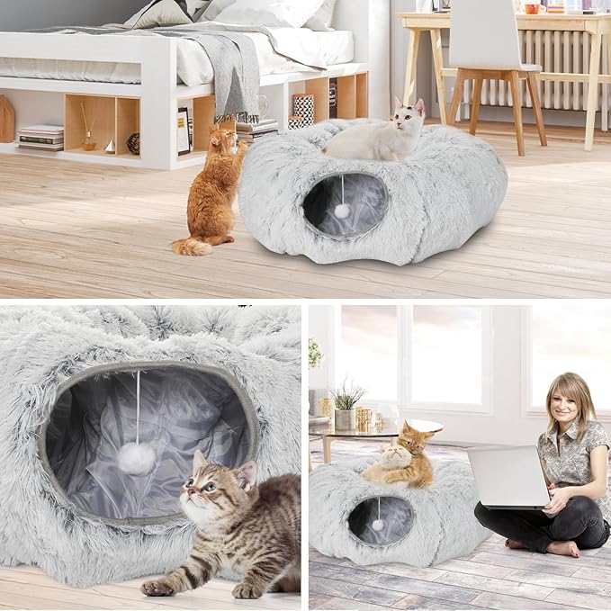 Plush Cat Tunnel Bed for Indoor Cats, Collapsible Cat Donut Tunnel with Central Mat, Fluffy Cats Cave Tube with Hanging Ball for Kitten Rabbit Puppy Ferret