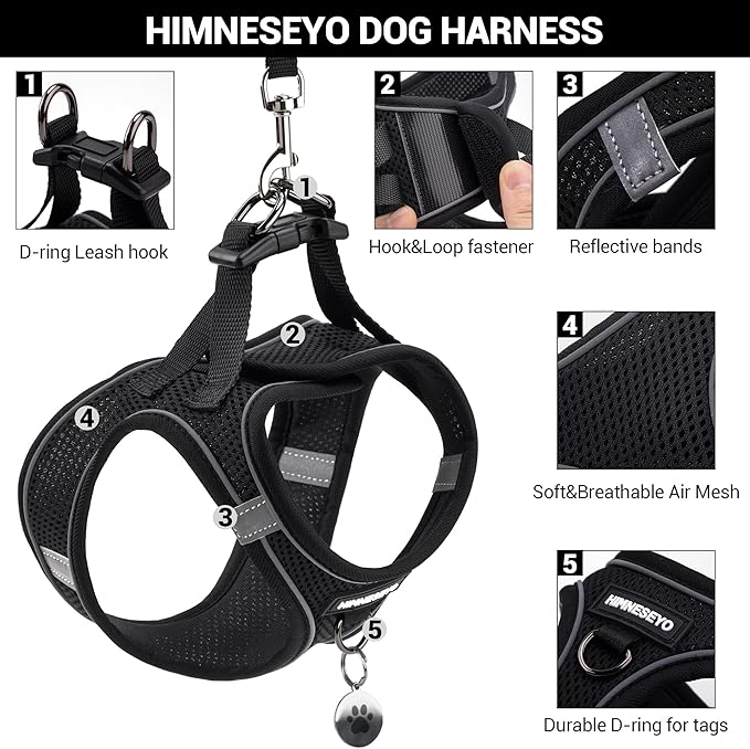 Dog Harness and Leash Set, Dog Harness for Dogs No Pull, No-Chock Step-in Reflective Breathable Lightweight Easy Walk Vest Harnesses with Safety Buckle for Small Medium Dogs, Cats (Black, L)