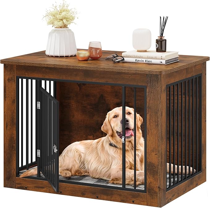 YITAHOME 43.7" L Dog Crate Furniture for Large Dog, 2-in-1 Iron-Wood Fusion Modern Dogs Kennel Indoor up to 80 lb, Side End Table, Adjustable feet, Waterproof Top, Safety Corners, Rustic Brown