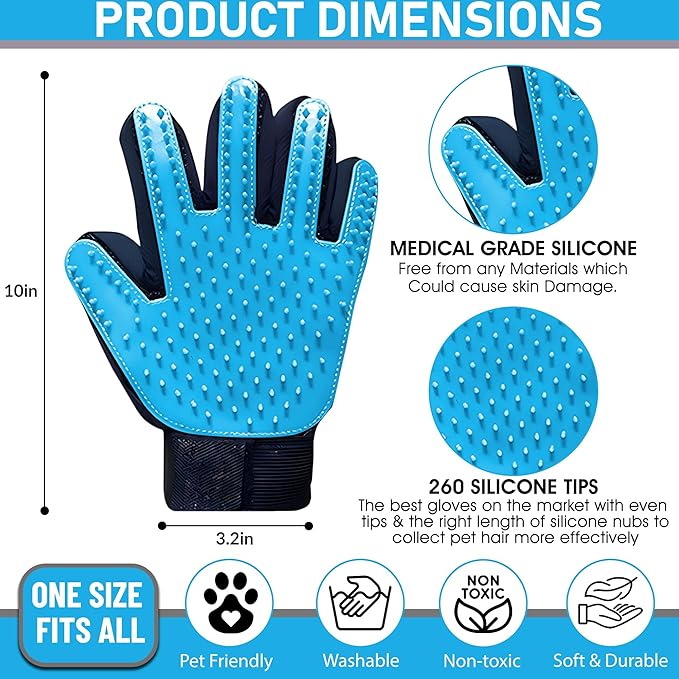 Upgrade Pet Grooming Gloves, Grooming Gloves for Dogs, Cats, Rabbits & Horses with Long and Short Hair, Efficient Pets Hair Remover Mittens - 1 Pair (Sky Blue)