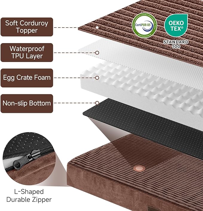 OhGeni Orthopedic Waterproof & Machine Washable Dog Bed for Medium Large Pets, Suitable for Crates, Cat Mat with 25D Egg Crate Foam, Non-Slip Bottom & Removable Cover, 35 Inches(Brown)