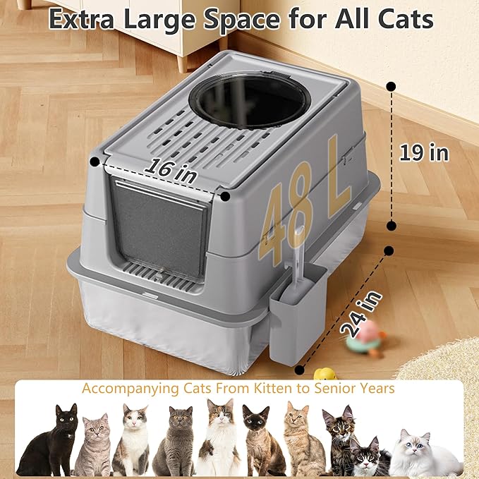 Stainless Steel Litter Box with Lid, XXL Extra Large Metal Cat Litter Boxes for Big Cats Enclosed, Easy to Scoop with Litter Scoop Set, High Sides Enclosure Anti-Urine Leakage Non-Sticky, Grey