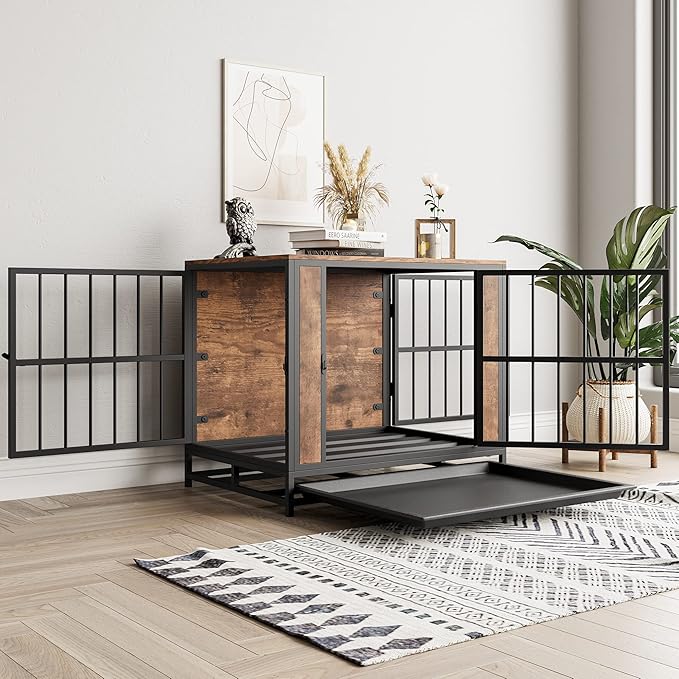 Dog Crate Furniture - Metal & Wooden Dog Kennel with 3 Doors, End Table for Small Dogs, Heavy Duty Dog House, Rustic Black & Brown