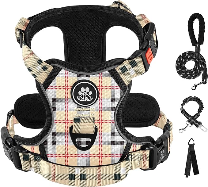 IVY&LANE No Pull Dog Harness with Leash Set, Reflective No Choke Pet Vest,Adjustable Oxford Dog Vest Harness with Easy Control Handle for Large Dogs (Checkered Beige,L)