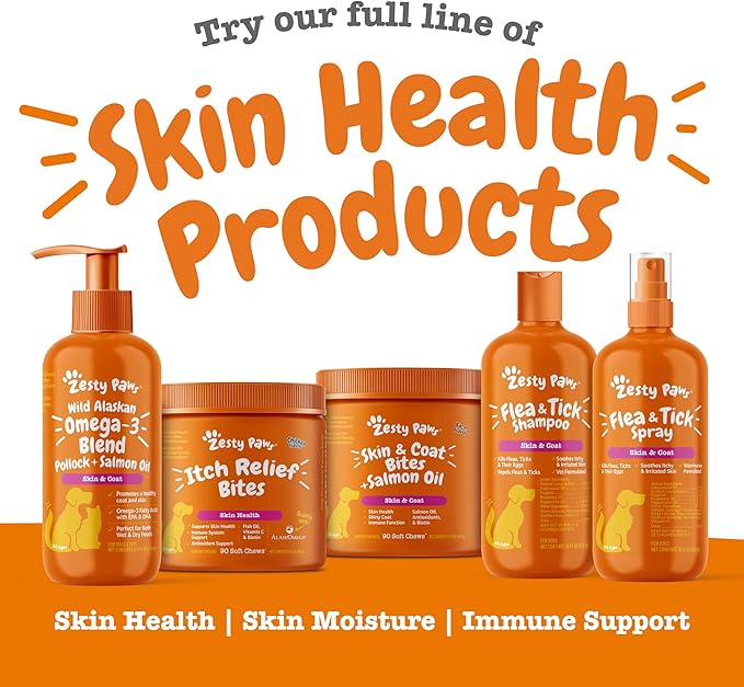 Zesty Paws Salmon Oil for Dogs Skin and Coat, Omega 3 Fish Oil Chews, Dog Allergy Relief Chews, Itch Relief Supplement, 250 Count, Salmon Flavor