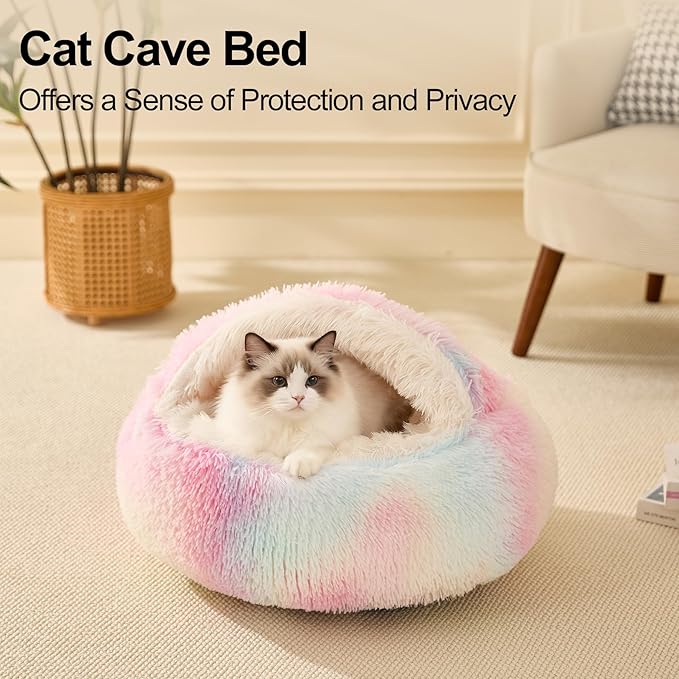 Calming Dog Beds & Cat Cave Bed with Hooded Cover,Removable Washable Round Beds for Small Medium Pets,Anti-Slip Faux Fur Fluffy Coved Bed for Improved Sleep,Fits up to 15/25 lbs(Colorful,S)