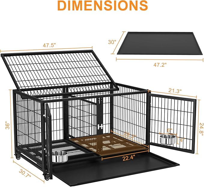48/43 inch Heavy Duty Dog Crate with Divider for Large Dogs, Stackable Dog Kennels and Metal Wire Cages with Feeding Bowls, Leak-Proof Pans, Removable Wire Trays, Extra Large XL XXL