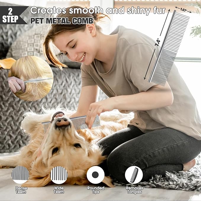 Dog Slicker Brush for Dogs Grooming Kit 4PCS | Large Dog Brush for Goldendoodles Poodles Doodles | Long Pin Haired Brush | Poodle Brushes and Comb (Blue)