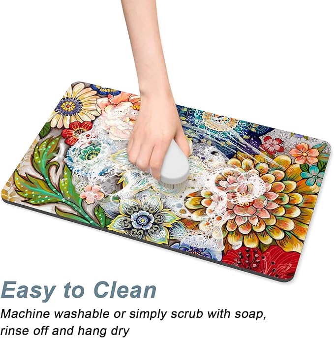 Rnivvi Dog Food Mat, 12" x 19" Flower Absorbent Dog Cat Bowl Mat for Food and Water, 3MM Anti-Slip Rubber Pet Feeding Rug Protect Floors, Puppy Placemat for Feeding & Watering Supplies, Mandala Floral