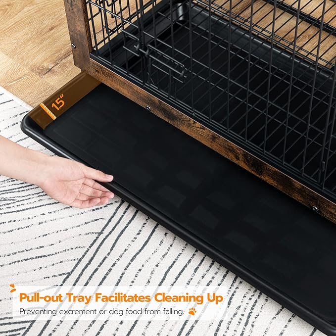 Dog Crate Furniture, 25.5" Small Dog Kennel Indoor, Wooden Cage with Pull-Out Tray, Double Doors Pet House Side End Table for Small/Medium Dogs, Rustic Brown BF642GW03G1