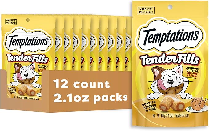 Temptations Tender Fills Crunchy and Soft Adult Cat Treats, Roasted Chicken Flavor, 2.1 oz. Pouch (Pack of 12)