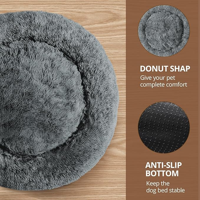 JOLLYVOGUE Calming Dog & Cat Bed for Small Dogs, Anti-Anxiety Donut Cuddler Cozy Soft Round Bed with Anti-Slip Bottom, Fluffy Faux Fur Plush Cushion Beds for Small Medium Dogs (20")