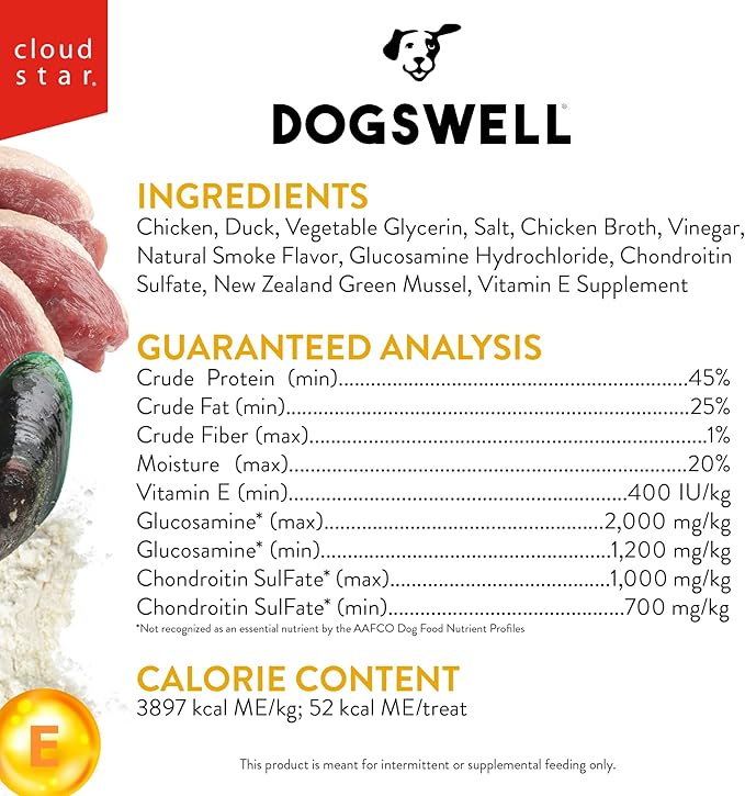 DOGSWELL Jerky Hip and Joint Dog Treats Grain Free Made in USA Only, Glucosamine and Chondroitin, 10 oz Duck (842194)