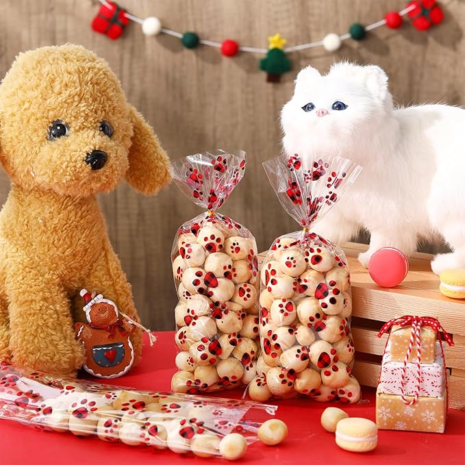 Blulu 100 Pieces Dog Treat Bags Puppy Party Favor Pet Paw Cone Cellophane Bags Candy Heat SealableDog Paw Gift with 100 Pieces Silver Twist Ties for Pet Cat Treat Party Favor(Red and Black)