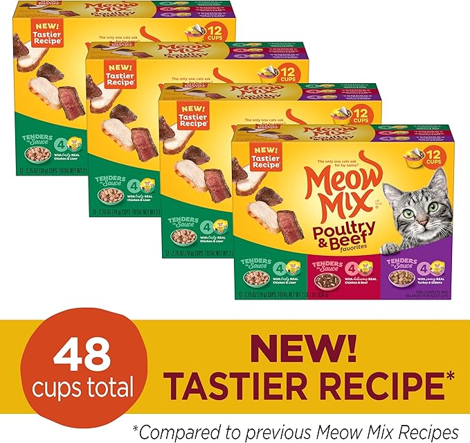 Meow Mix Tenders in Sauce Wet Cat Food, Poultry & Beef Variety Pack, 2.75 Ounce Cup (Pack of 48)
