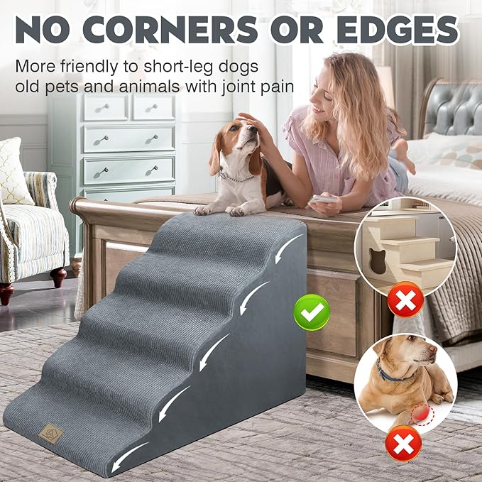 Mestuel Dogs Stairs for High Bed, 23in Foam Dog Stairs Steps for Large Dogs, Large Pet Stairs, 5 Steps Dog Ramp to High Couch Sofa Bed Indoor with Gentle Slope& Nonslip Bottom, Gray