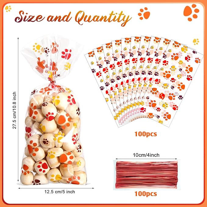 Blulu 100 Pieces Dog Treat Bags Puppy Party Favor Pet Paw Cone Cellophane Bags Candy Heat SealableDog Paw Gift with 100 Pieces Silver Twist Ties for Pet Cat Treat Party Favor(Orange, Brown, Yellow)