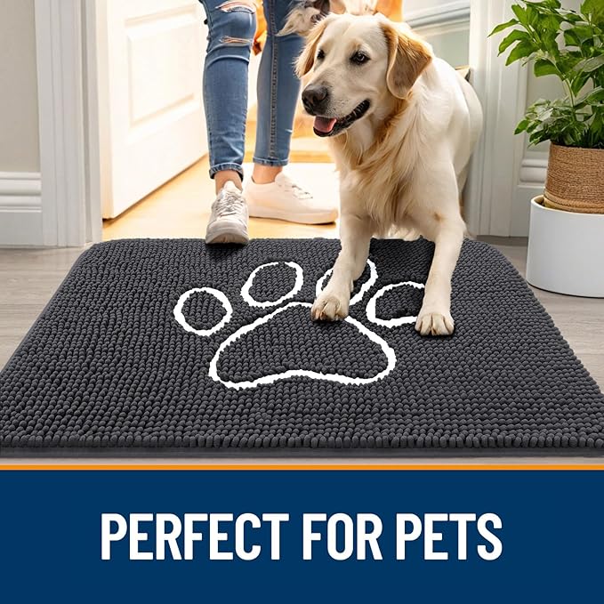 OLANLY Dog Door Mat for Muddy Paws 47x32, Paw Print Design, Absorbs Moisture and Dirt, Absorbent Non-Slip Washable Doormat, Quick Dry Chenille Mud Mat for Dogs, Entry Indoor Entryway Carpet, Dark Grey