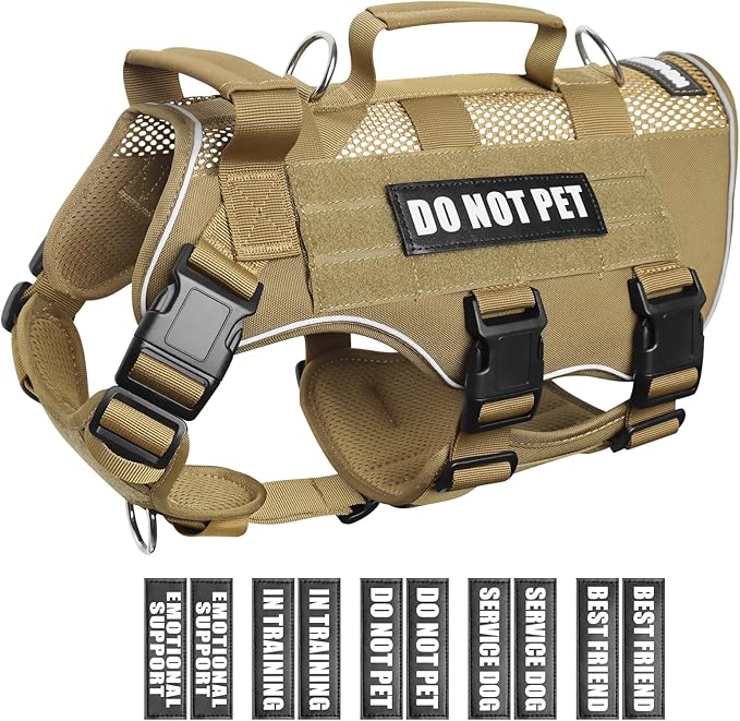 WINSEE Mesh Dog Harness with 10 Pet Patches for Small Service Dog in Training, Breathable Tactical Molle Vest with Double Handle, Reflective Military Pet Vest for Walking Hiking