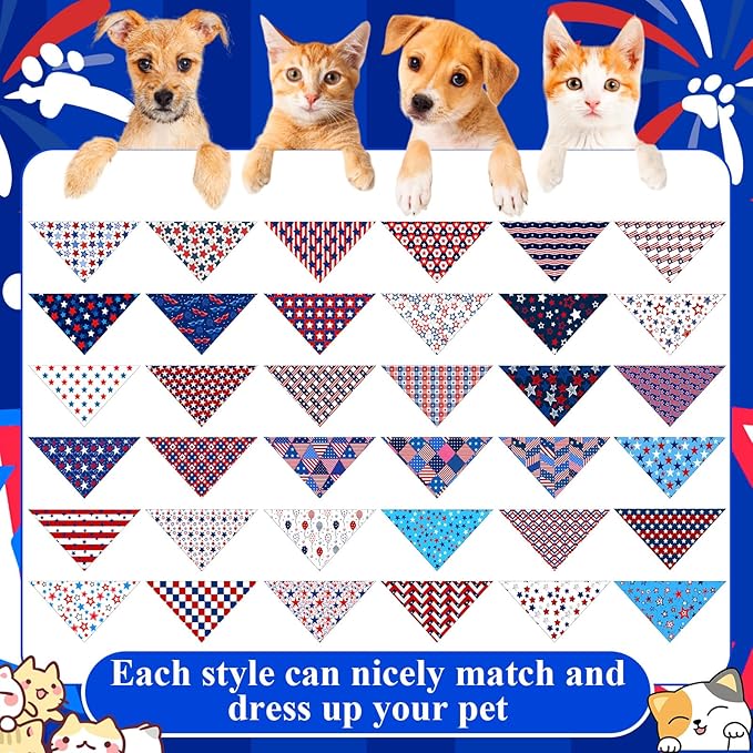 Sanwuta 72 Pcs Patriotic Dog Bandana Bulk Washable Puppy Triangle Scarfs Veterans Day Cat Bandanas Adjustable Soft Cute Pet Triangle Bibs Accessories for Small Medium Dogs Cats Pets Costume