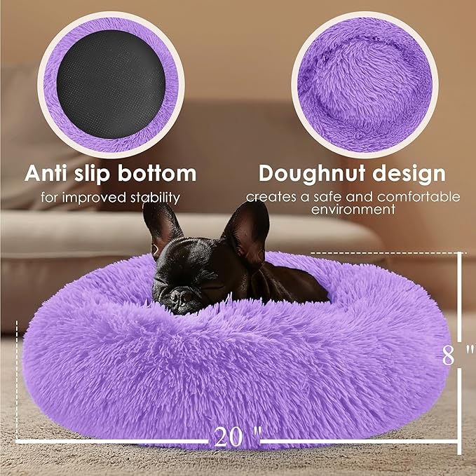 Hoewina Dog & Cat Bed, 20in Cat Beds for Indoor Cats, Calming Donut Bed for Puppy and Kitten, Washable Round Fluffy Pet Bed for Small Medium Dogs and Cats (Purple)