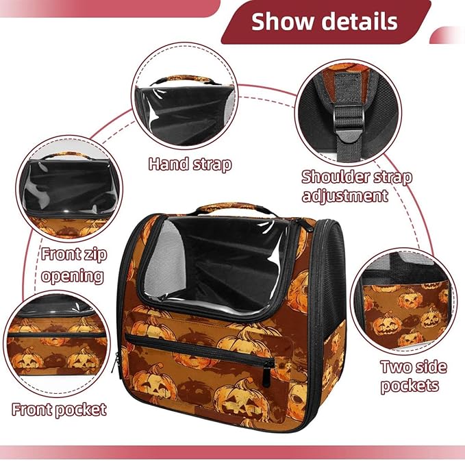 Portable Travel pet Backpack Carrier Hamster Bag Small Dog cat Carrier Breathable Hang Bag, Pumpkin Helloween 144