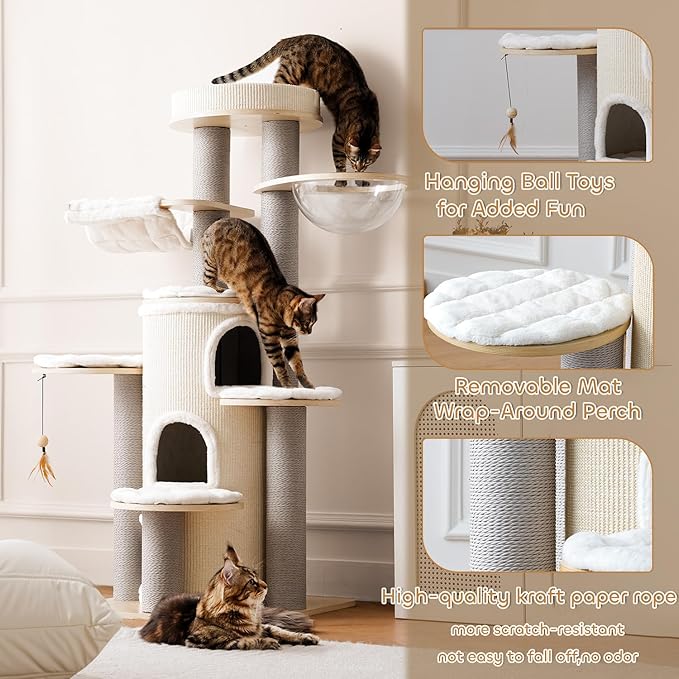 63'' Tall Castle Cat Tree House for Maine Coon,Solid Wood Modern Cat Tower for Indoor Large Cats,Multi-Level Heavy Duty Luxury Cat Condo with Sisal Scratching Post,Perch,Cushion,Hammock for Mult-Cats