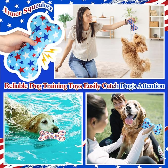 6 Pack Patriotic Dog Squeaky Bone Toys Plush Interactive Dog Pets Birthday Bone Shape Stuffed Chew Toys for Puppy Small Medium Large Squeak Toss Play