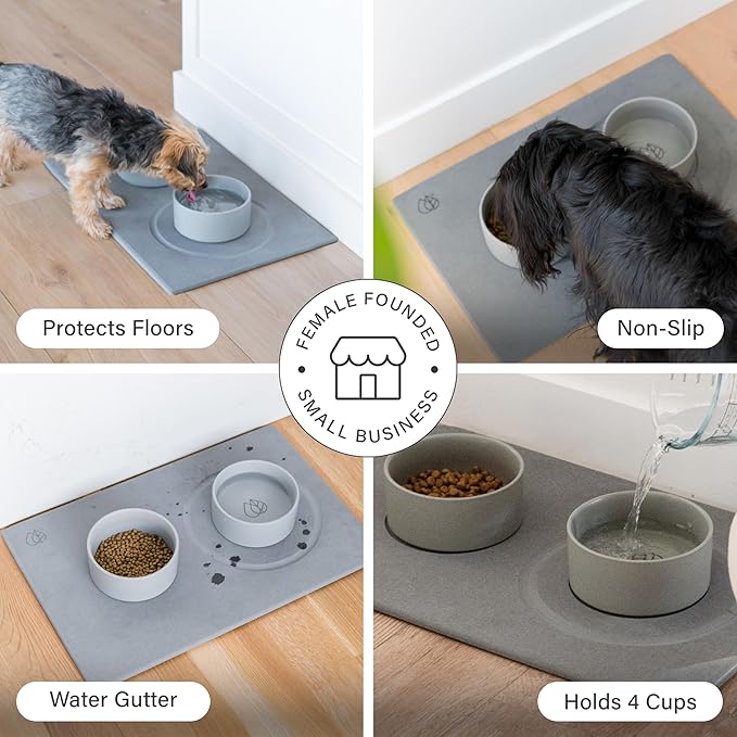Dorai Home Stone Drying Mat for Dog Bowls – Absorbent Quick-Drying Pet Feeding Mat with Diatomaceous Earth, Non-Slip Base, and Water Gutter – Stone Mat for Dog Food and Water – (23.6" x 15.4")
