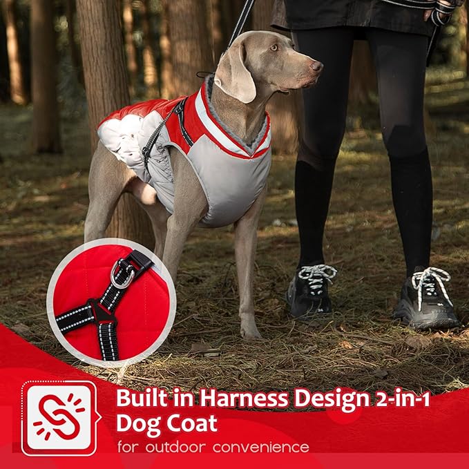 Dog Winter Coat with Harness, Dog Jacket, Pet Clothes with Zipper on Back, Waterproof Windproof Warm Vest, Reflective Cold Weather Coats, for Small Medium Large Dogs, Thick, Red,XS