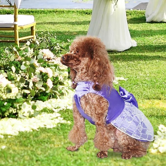 Dog Dress, Pet Birthay Clothes with Bow Tie, Dog Silk Outfit with Sequin, Puppy Princess Dress, Cute Doggy Skirt, Purple M