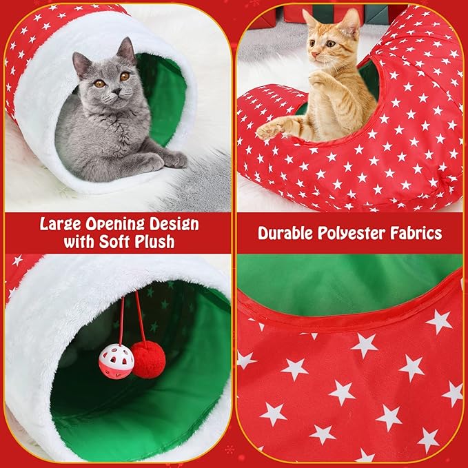 Pawaboo Cat Tunnel Christmas Sock with Bell Balls, Upgraded 2 Way Cat Tunnel Interactive Toy for Christmas, Pet Xmas Stocking with Crinkle Paper & Strong Spring-Steel Frame for Cat Kitten Kitty, Red