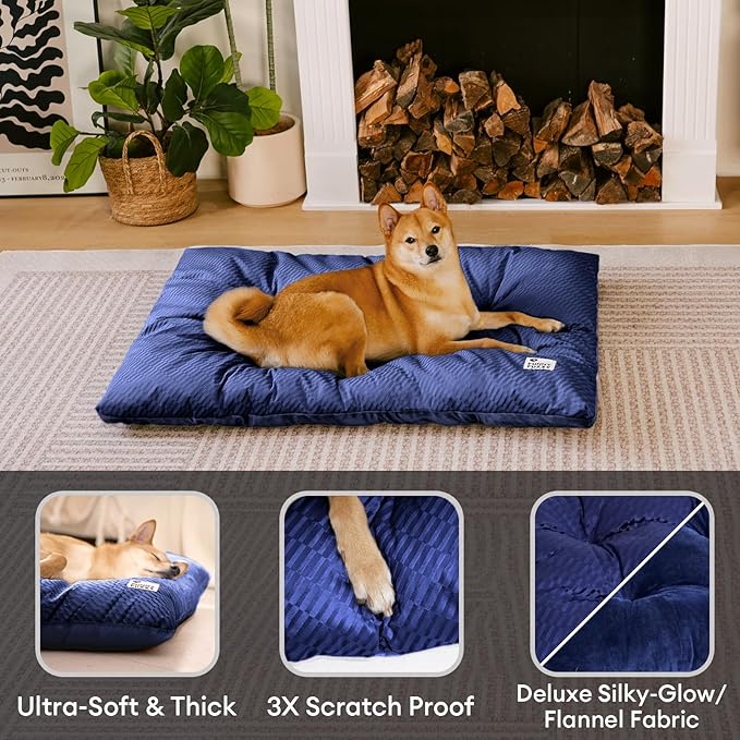 FUNNY FUZZY 2 in 1 Dog Bed Crate Pad Mat, Washable Reversible Pet Floor Mats,Fluffy Kennel Pad for Small Large Sized Dog,Indoor Cats,Sleeping Mattress,35.4" × 22.8", Midnight Blue