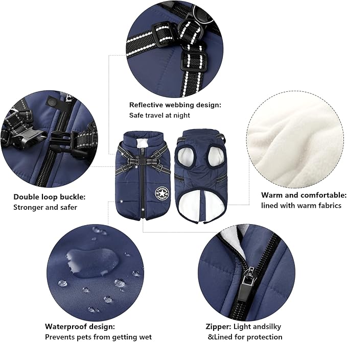 Aiboria Dog Jackets for Winter Windproof Waterproof 2 in 1 Outfit Cold Weather Coat Dog Vest Harness Puppy Winter Warm Jacket Small Blue M