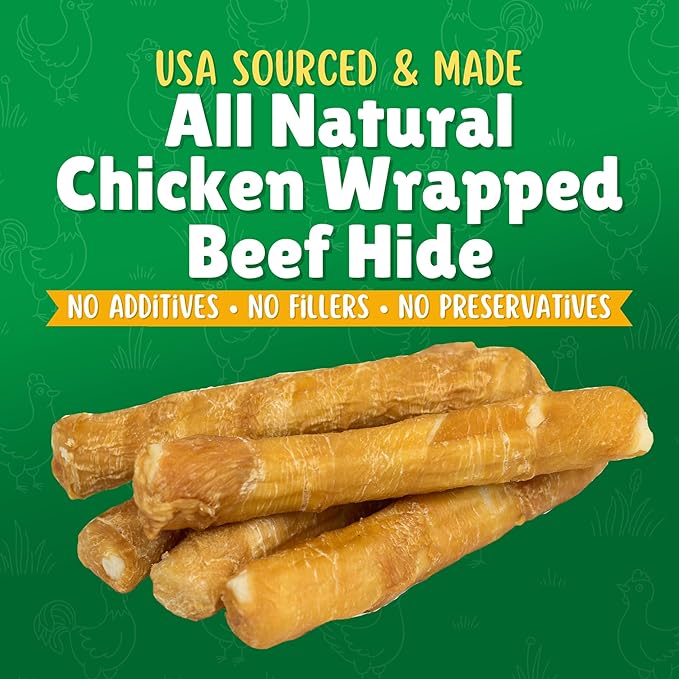 Chicken Wrapped Rawhide Dog Treats for Medium Dogs – 19ct. Chew Sticks – Limited Ingredient Long Lasting Chews Made in The USA with Natural Chicken and Beef Hide Twists