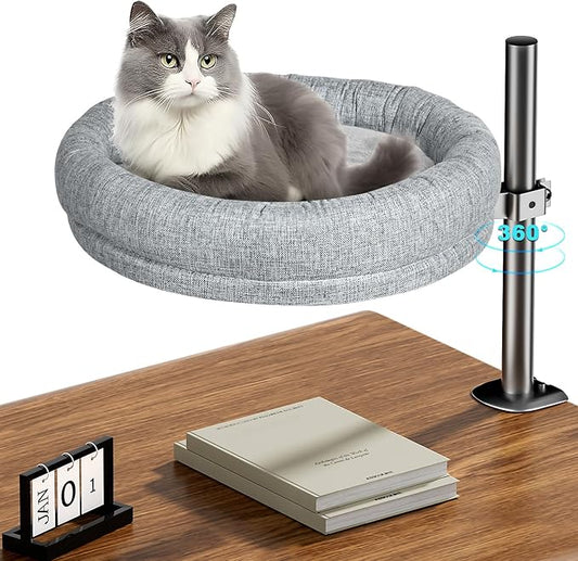 Cat Bed - Desk Cat Nest with 360 Rotation & Adjustable Height - Soft & Comfortable - Indoor Cats Up to 40 lbs (Grey)