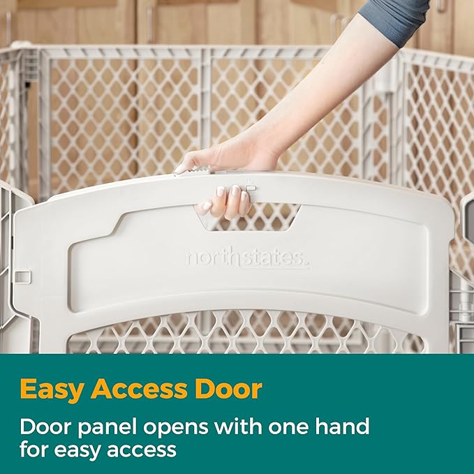 MyPet North States Petyard Plus: 5.5 Ft. Wide Folding Dog Playpen Indoor or Outdoor. 6-Panel Freestanding Play Pen Dog Gate Made in USA. 26" Tall, Light Gray