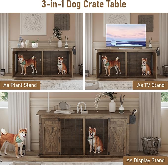 Large Dog Crate Furniture for 2 Dogs, Extra-Large Indoor Dog House with Partition, Heavy-Duty Sturdy Dog Kennel for Large Dogs, 1 Storage Bag, Farmhouse Style Cage