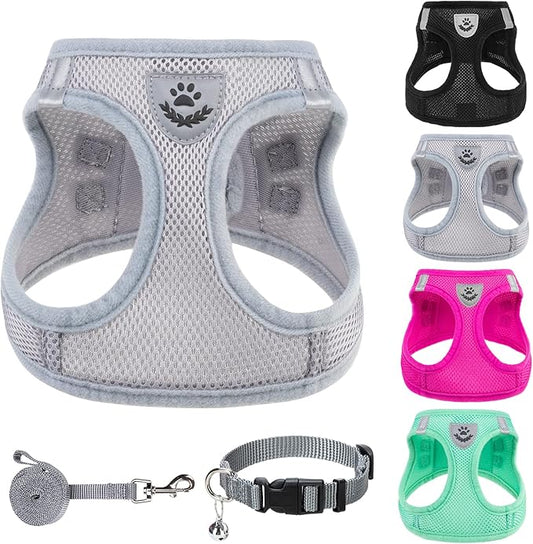 PUPTECK Adjustable Dog Harness Collar and Leash Set Step in No Pull Pet Harness for Small Medium Dogs Puppy and Cats Outdoor Walking Running, Soft Mesh Padded Reflective Vest Harnesses, Solid Grey M