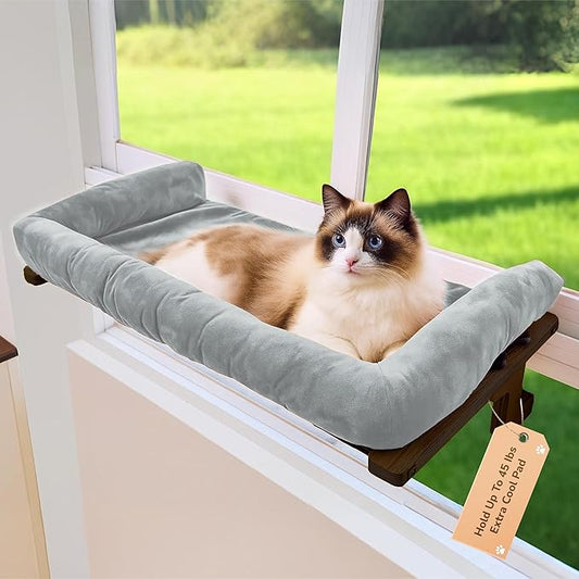 45LBS Capacity Cat Window Perch with Bolster, Hammock Seat with Plywood & Metal Frame, Cat Window Bed for Indoor Cats & Kitten, Extra Cood Pad (Walnut Wood & Gray Cushion, 24.8''W x 9.4''H)